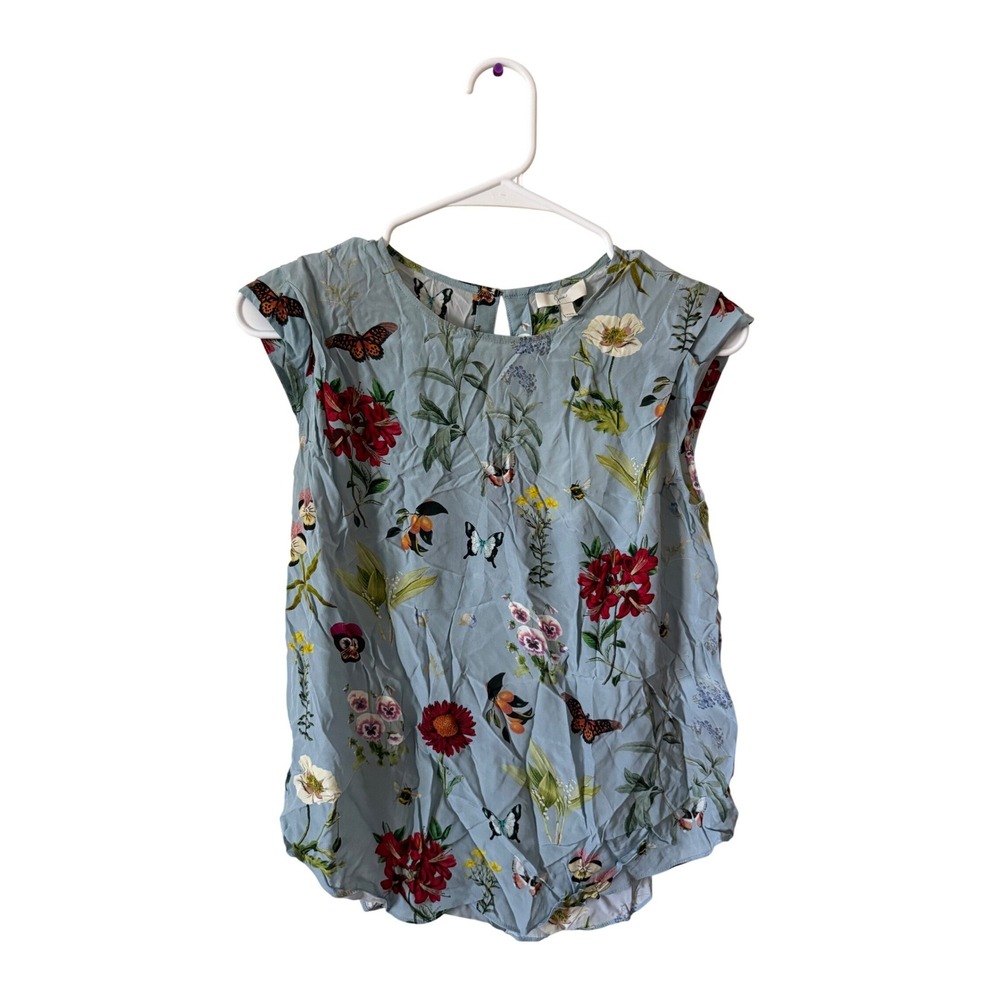 NWT Joie Robinsegg Blue Floral Butterfly Silk Blend Cap Sleeve Blouse XXS